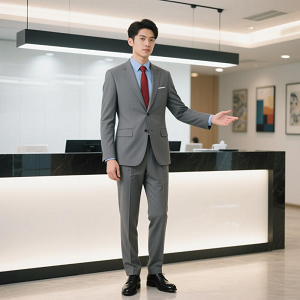 夏季灰色男士職業(yè)裝前臺商務西服套裝定制藍襯衫紅領帶300